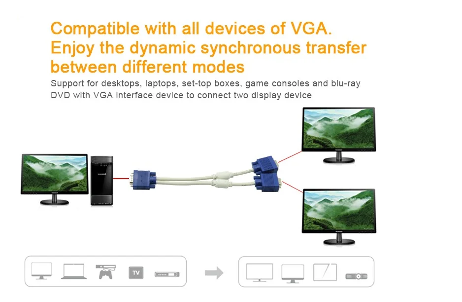 Professional Vga Adapter Cable 1 Input Male To 2 Output Female Vga