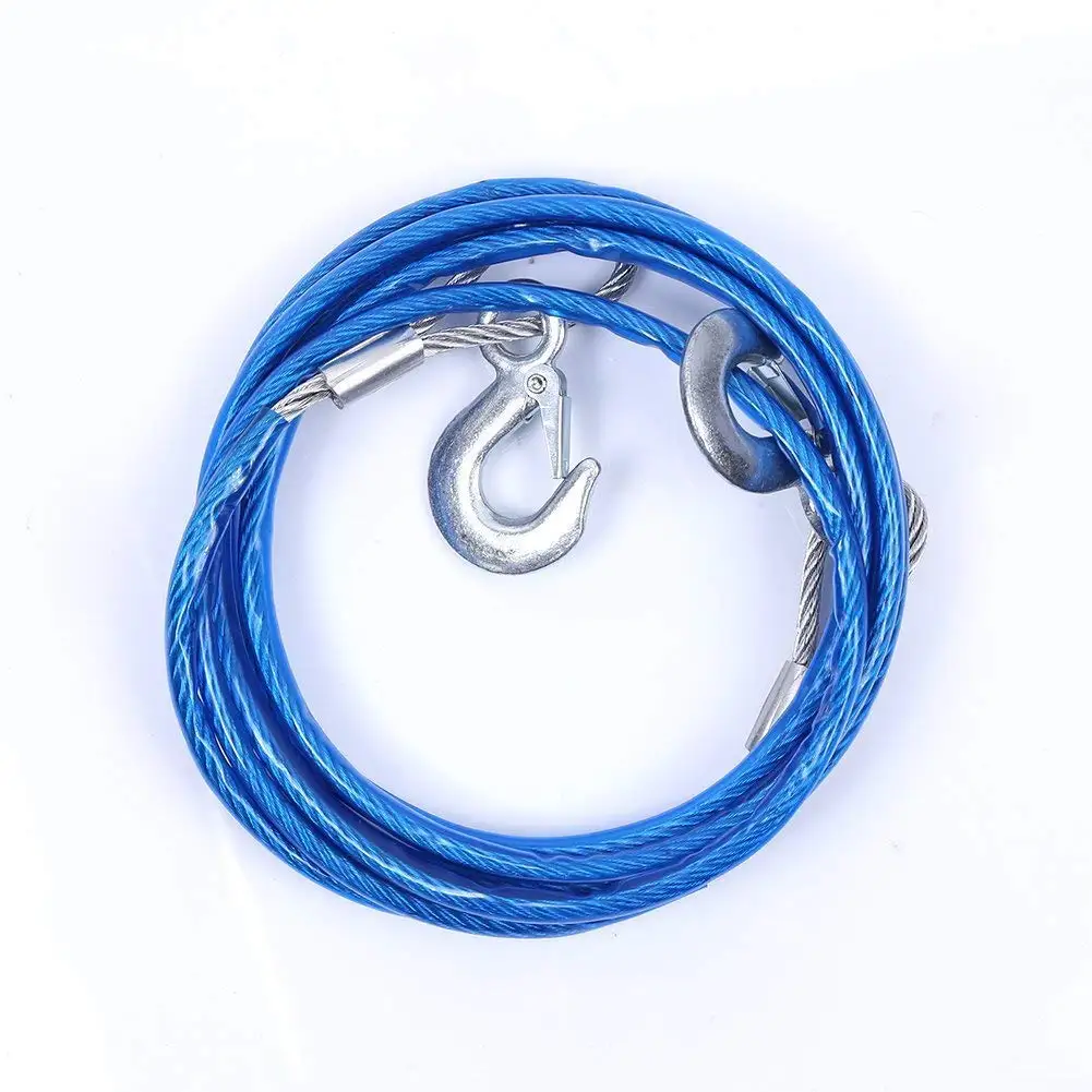 TopGreen 4M 5 Tons Steel Wire Tow Cable Tow Strap Towing Rope with Hooks for Heavy Duty Car Emergency