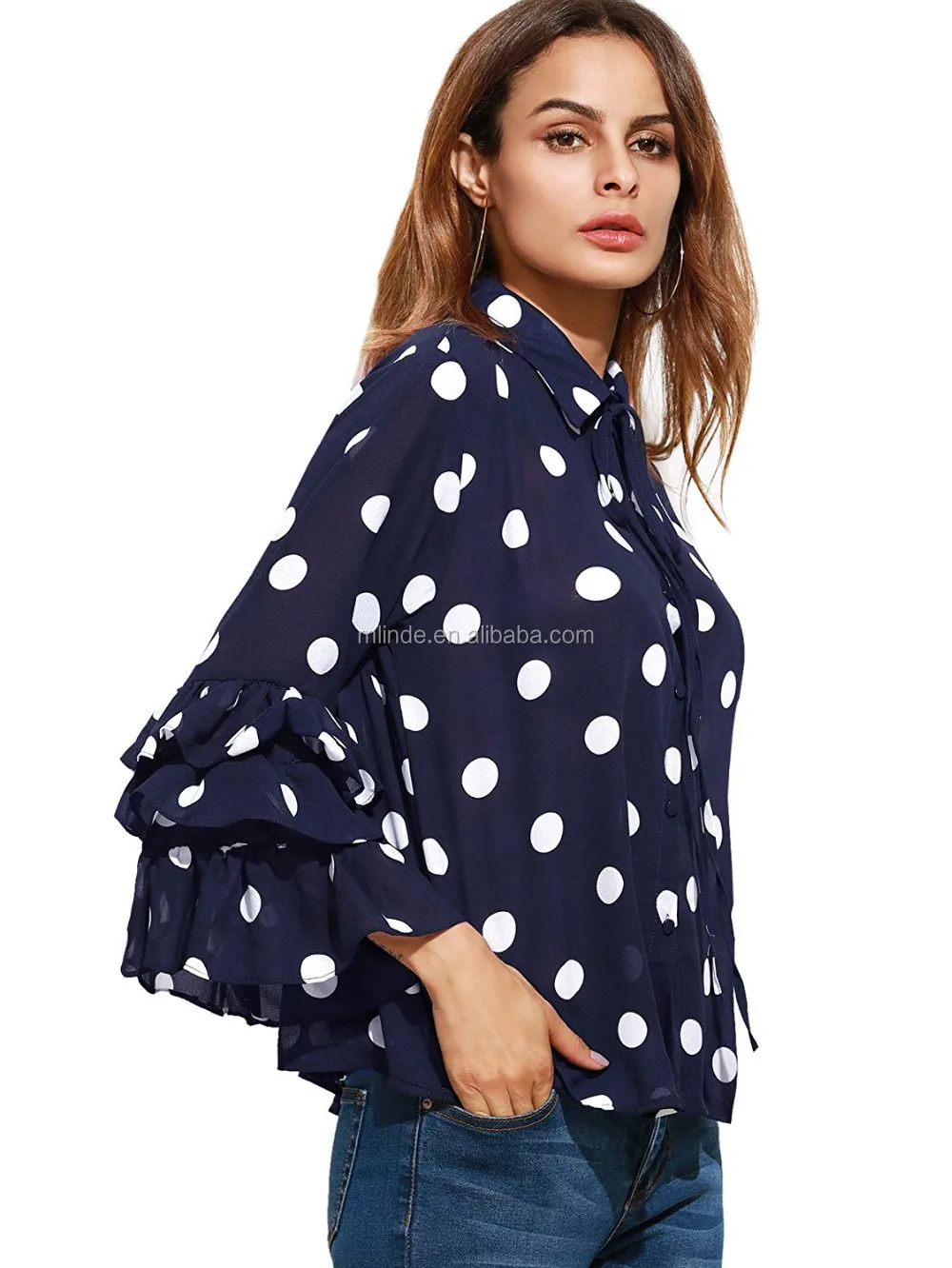 Wanita Polka Dot Layered Ruffle Bell Lengan Sheer Baju Blouse Atasan