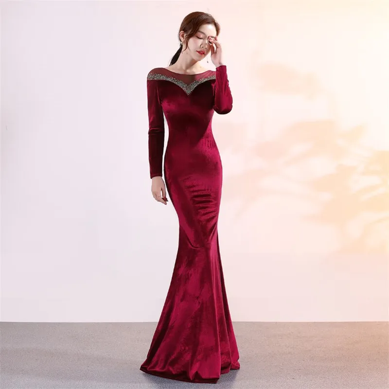 2019 newest 5 colors evening party scoop neck long sleeves crystal velvet velour vestidos de fiesta prom dress