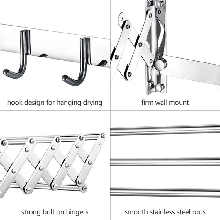 Stainless Steel Wall Mounted Retractable Towel Rack With Clothes Hook ...