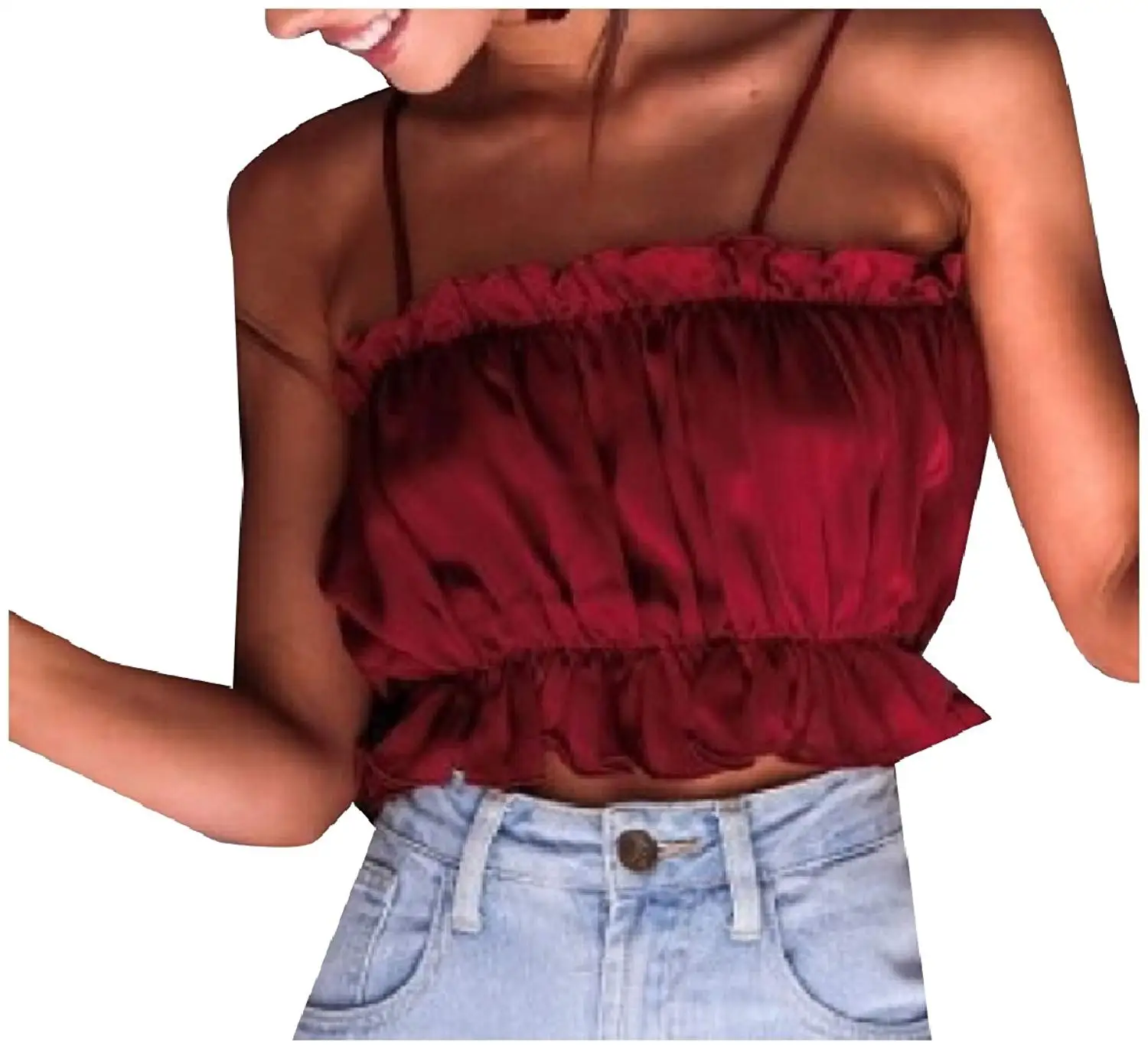 Zimaes-Women Solid-Colored Sleeveless Off-Shoulder Flounced Tank Top