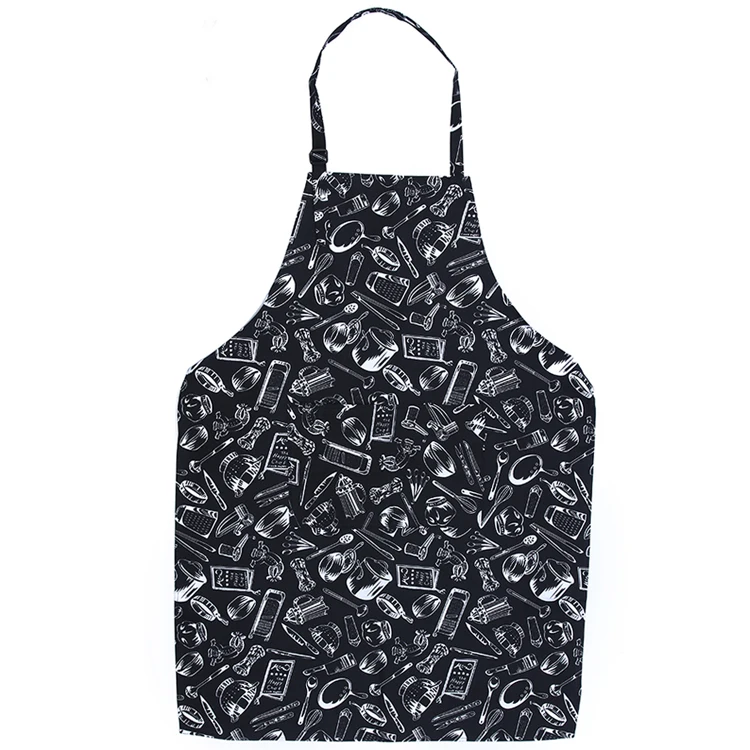 Black Cute Women Lady Printed Polyester Dress Cooking Apron For Home Kitchen with Pocket