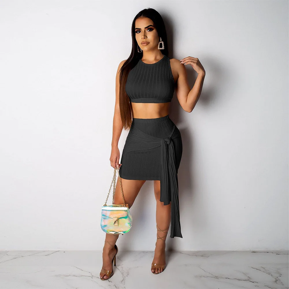 Crop Tops two Piece Skirt Sets Solid Colour 2019 Summer Fashion  Tight Skirts Factory Wholesale Women clothes Outfit