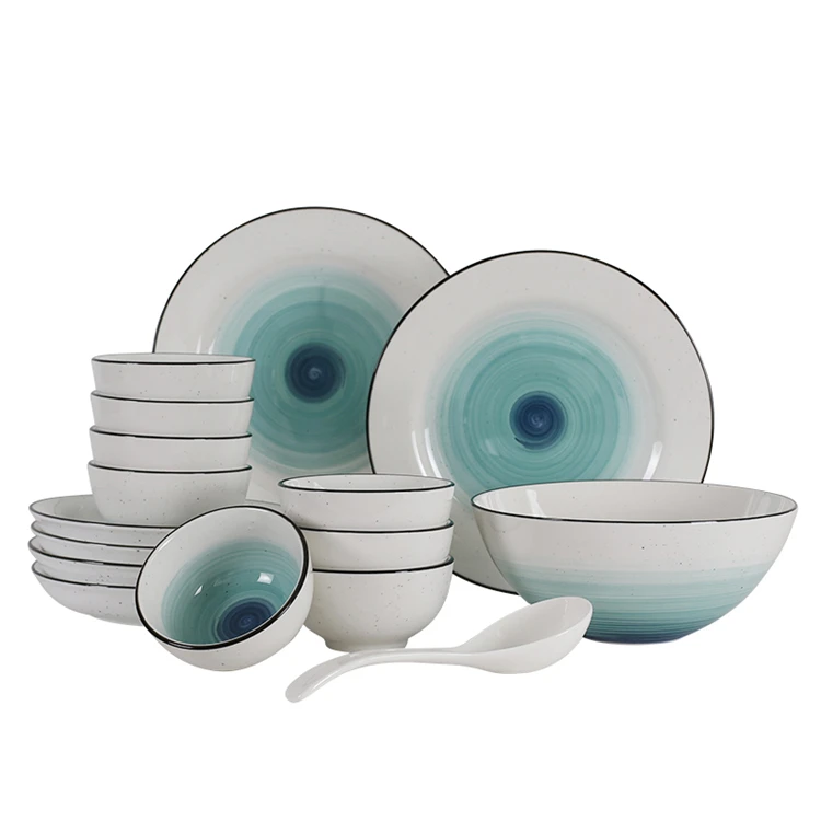 Speckled dinnerware cheap green sprial printed inside bowl stoneware dinner set for hotel