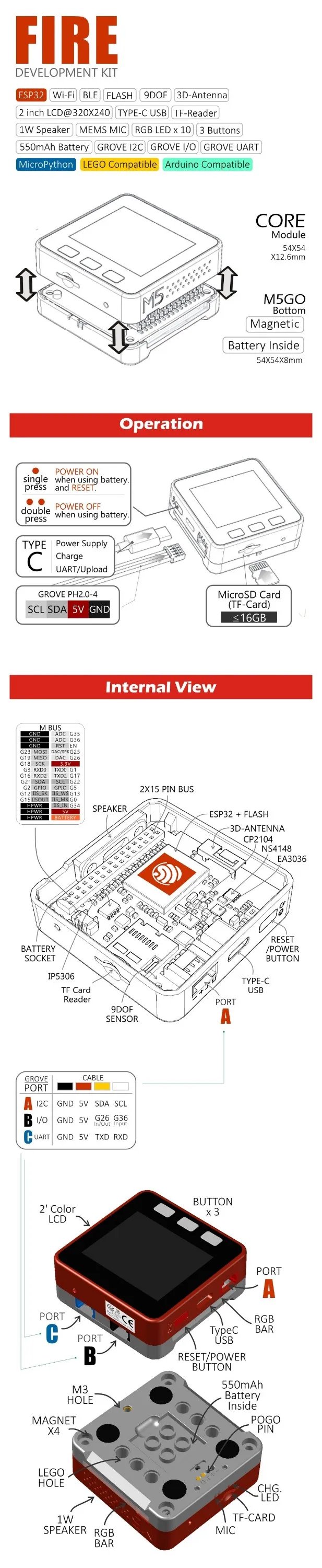 Fire IoT kit Dual Core Esp32/ 16/ M-Flash M5stack Psram 2.0 Fire 4/ m-psram Carte de d/éveloppement Micro//Ble Mpu6050/ + Mag3110/ du Micropython