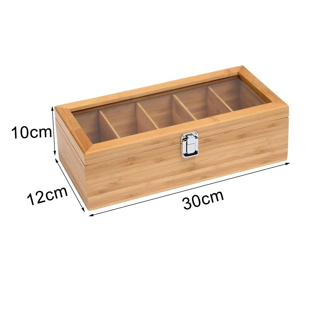 Wood Bamboo 5 Compartments Tea Bag Storage Organizer Wooden Box With