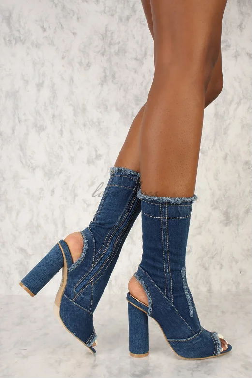 Sexy Dark Blue Jean Shoes Denim Distressed Peep Toe Chunky Heel Booties ...