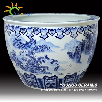 Antique Large Chinese Hand Painted Blue White Ceramic Planters Blue White Ceramic Planters