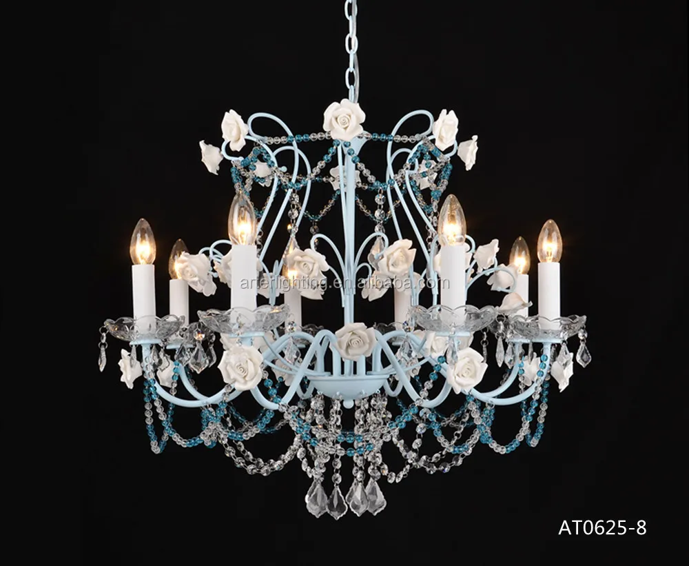 Arter Mediterranean Countryside Iron 8 Light Blue Flower Candle Style Crystal Chandeliers