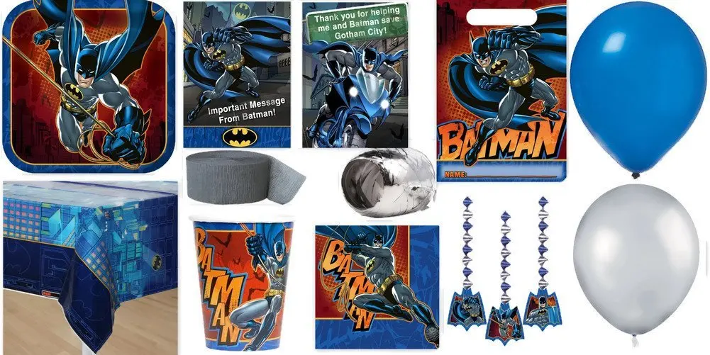 Batman Party Supplies for 16 Includes Invitations, Table Cover, Cups, Napkins, Plates, Treat Bags, Decorations, Thank You Postcards, Curling Ribbon, Streamer, and Balloons - Bundle Includes 128 Items