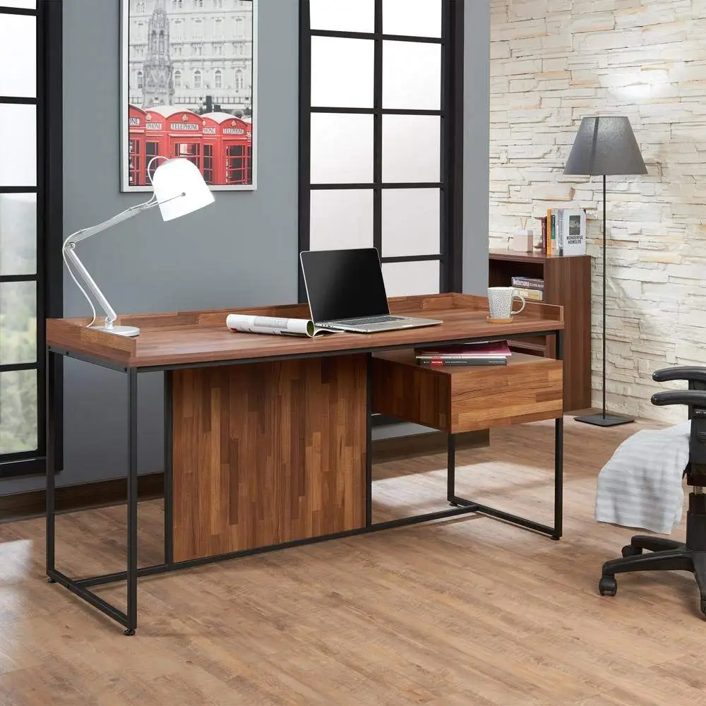 Major-Q Contemporary Office Desk with Wooden Top and Metal Glide Drawer in a Walnut Finish and Sandy Black Metal Legs 62 x 24 x 31H