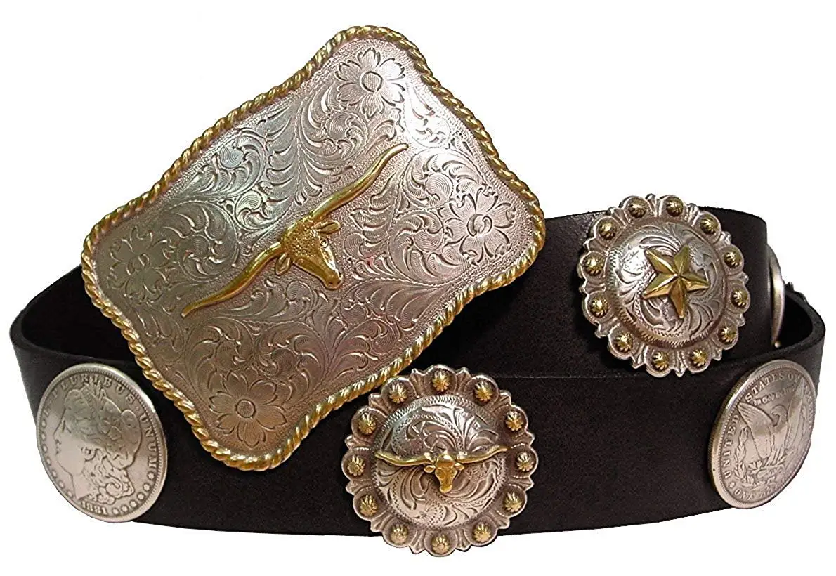 Hagora Men Black Genuine Cowhide Silver /& Gold Star Concho Longhorn Buckle Belt