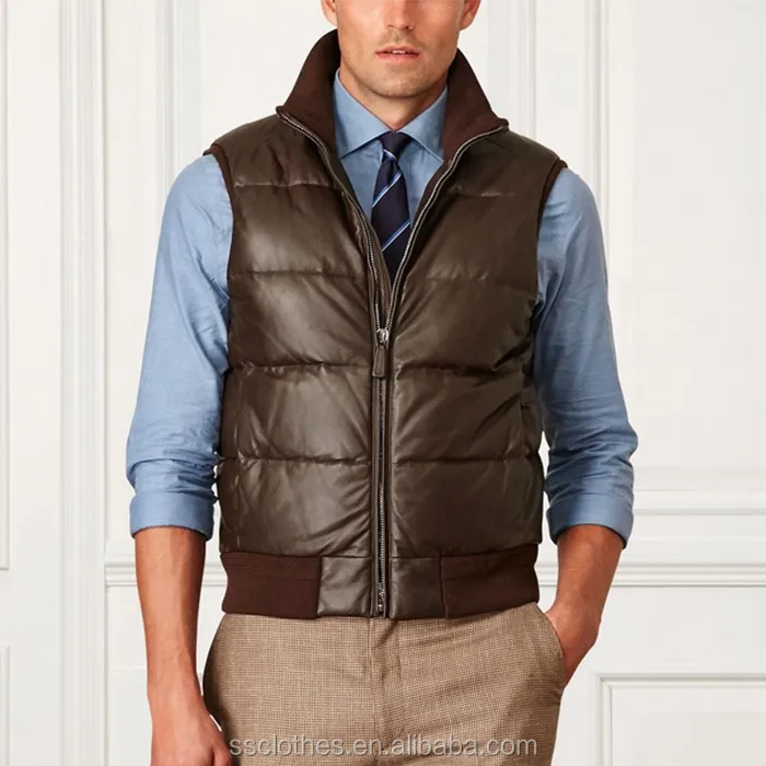 High Quality Custom Brown Quilted Fashion Mens Leather Down Vests Buy