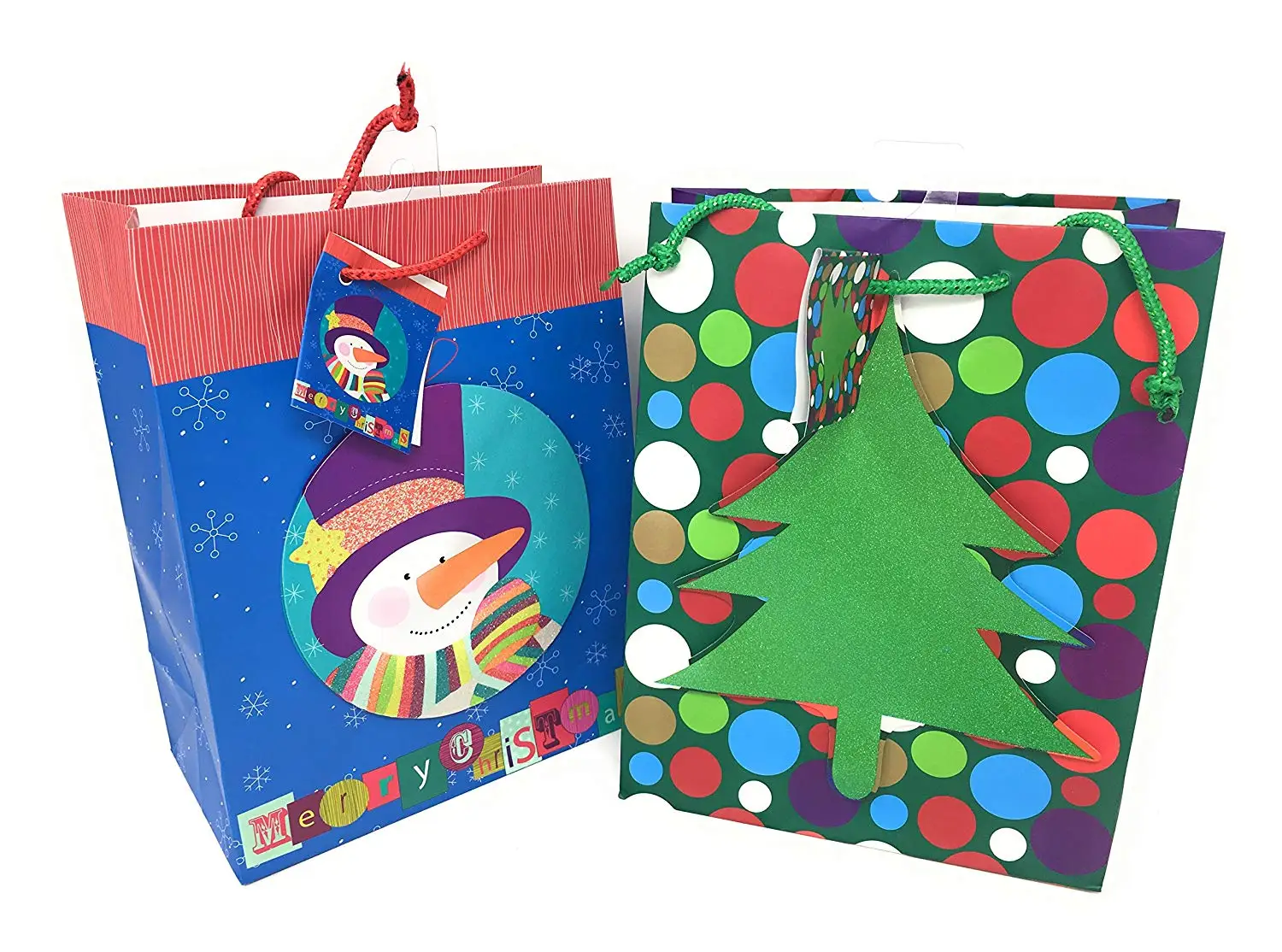 Christmas Gift Bag Bundle of Twelve 7" x 9" Bags: 6 Merry Christmas Snowman and 6 Glittery Christmas Tree