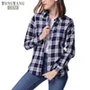 Tongyang Autumn Winter Flannel Plaid Shirt Women Embroidered Pocket Long Sleeve Checkered Blouse Casual Shirts Plus Size blouse
