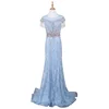 Women Long Blue Evening Dresses Luxurious Beading Sash Tassel Cap Sleeves Dubai Chic Formal Prom Gowns