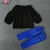 summer children girl clothing sets 2 pieces of western fashion style black color t shirts and dark blue pants