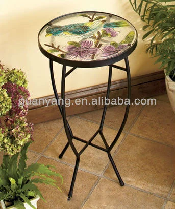 Antiguo pintado a mano colibrí vidrio mesa de Metal soporte de la
