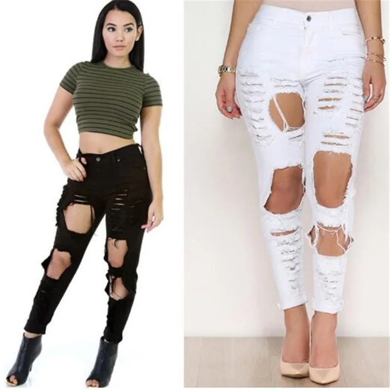 Ladies Fashion Skinny Tight Destroyed Street Ripped Hole Slim Fit ...