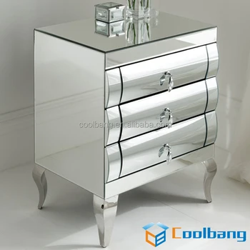 Modern Curved Mirrored Drawers Narrow Small Mirror Bedside Table