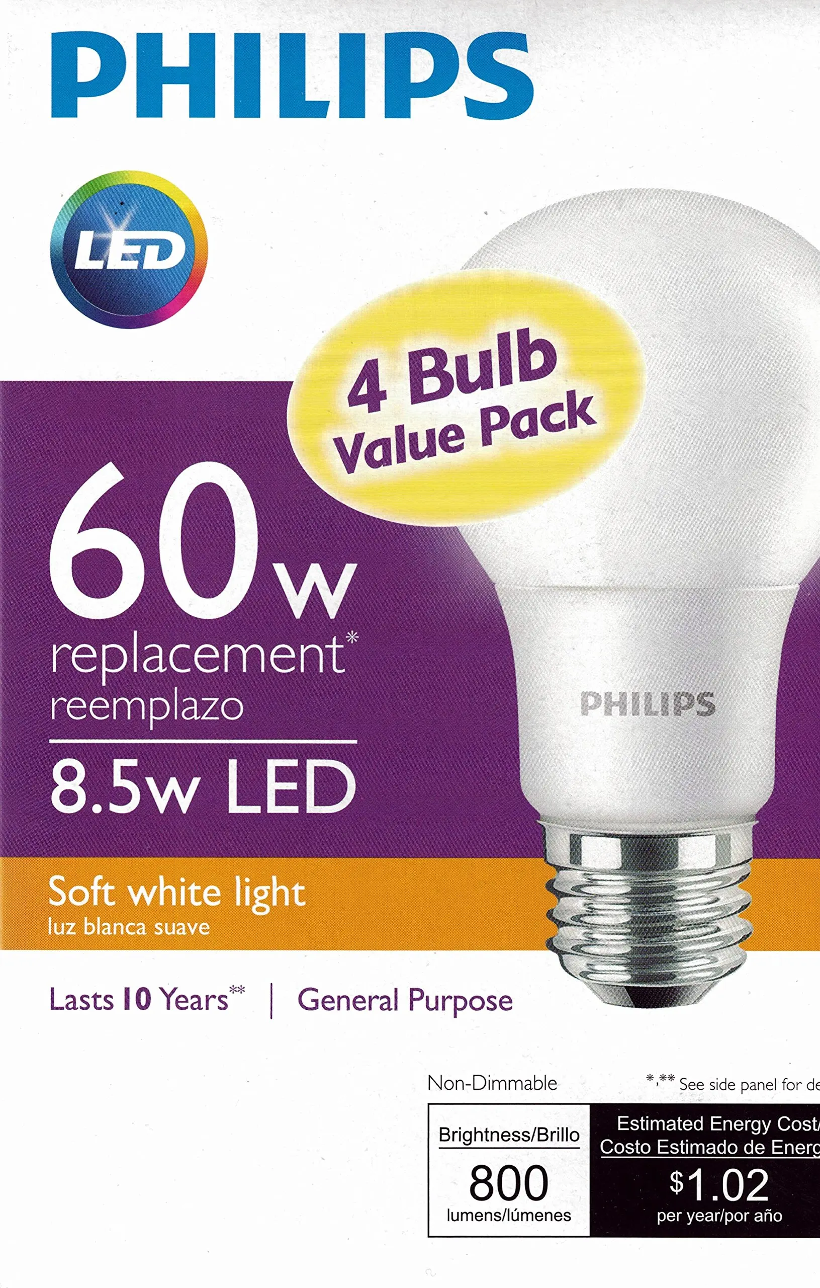 Philips New 60-Watt Equivalent A19 LED Light Bulb Soft White - 2700K - 4 Pack