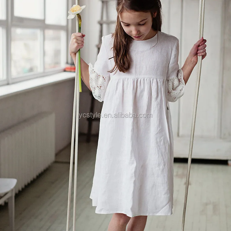 White Linen Flower Girl Dress,Wholesale High Quality Boutique Babtism