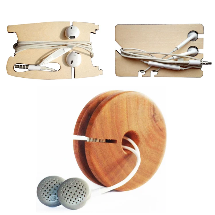 Promotion Simple Design Laser Cut Wood Earphone Cord Cable Organizer