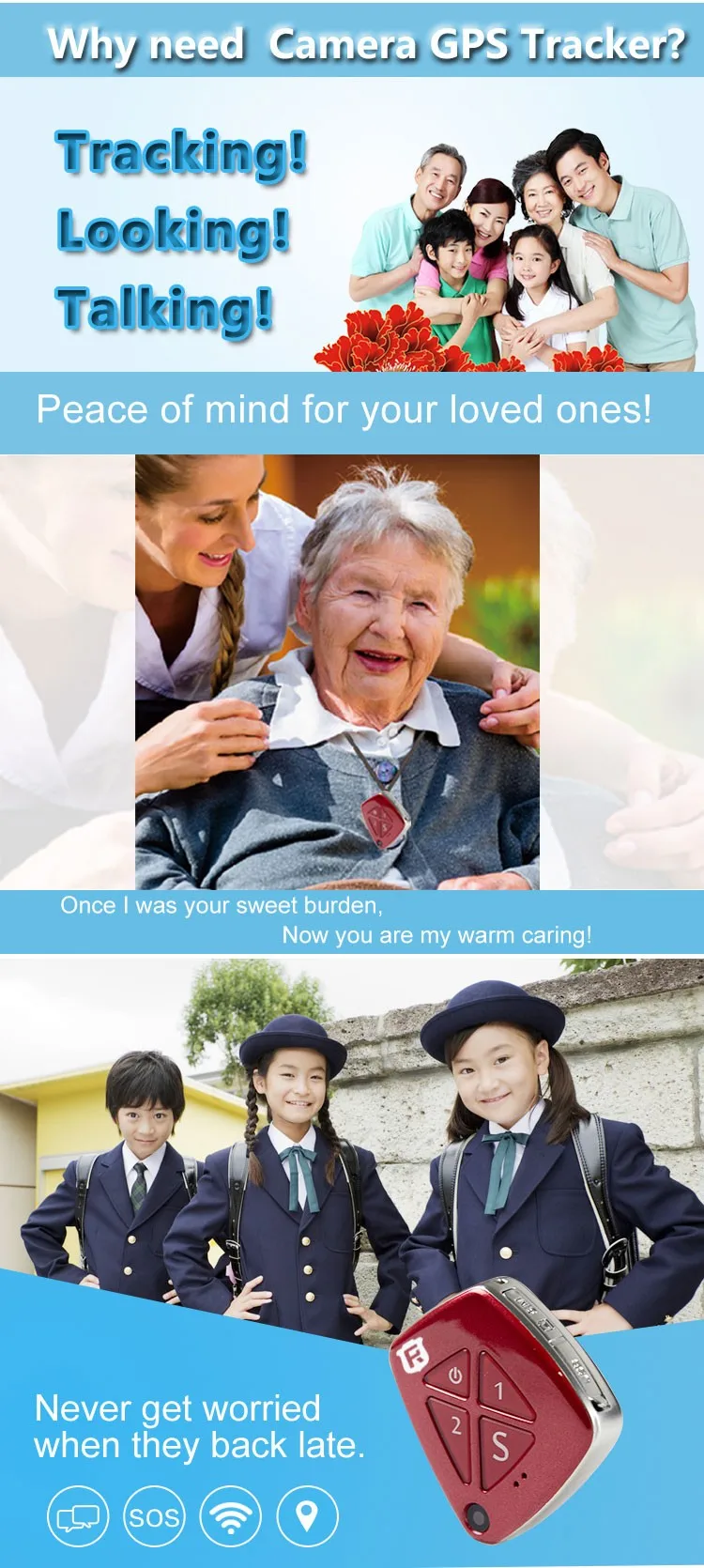 new product 3g children necklace personal gps tracker mini for kids elderly with camera