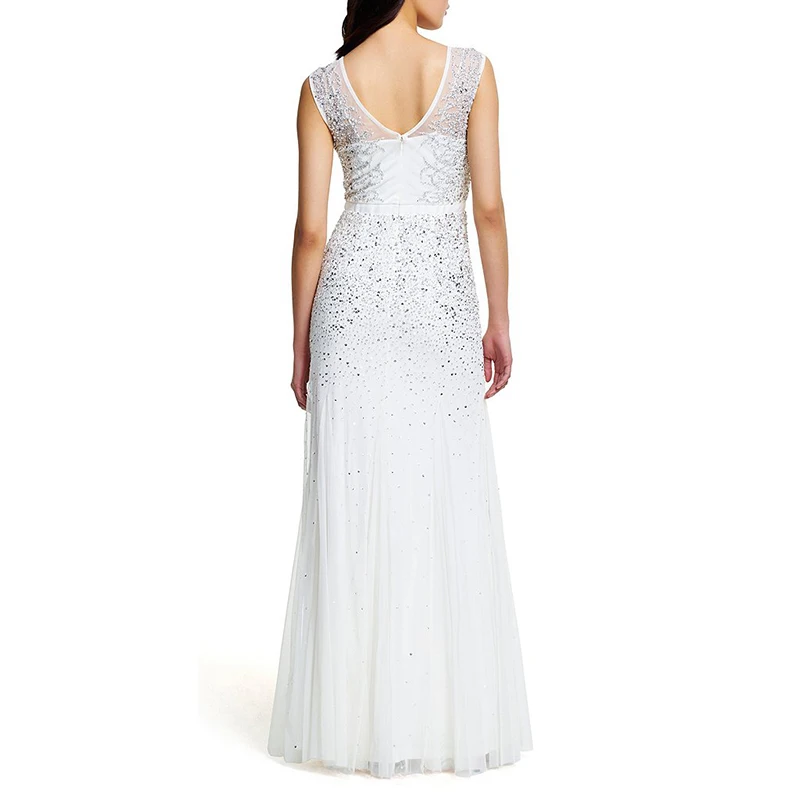 Women Wear Beaded Illusion Neck Sleeveless Gown Nylonback Zipper Boat Neckline V Back Intricate 6796