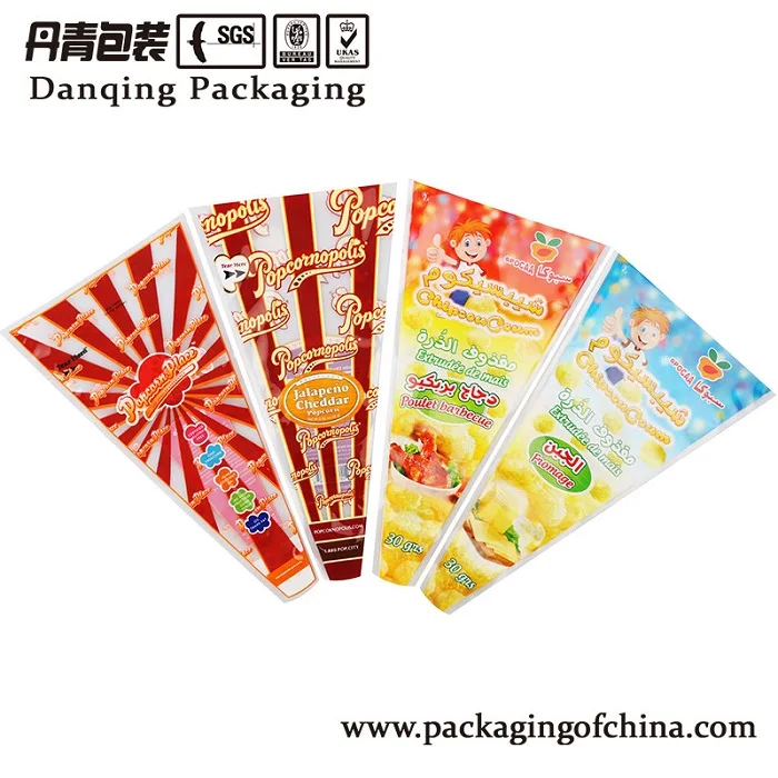 China Supplier Food Grade Clear Plastic Pouch triangle shape Popcorn Packaging