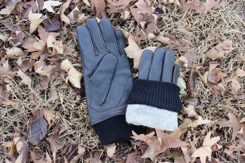 Men's wool knit cuff leather gloves with cashmere lining
