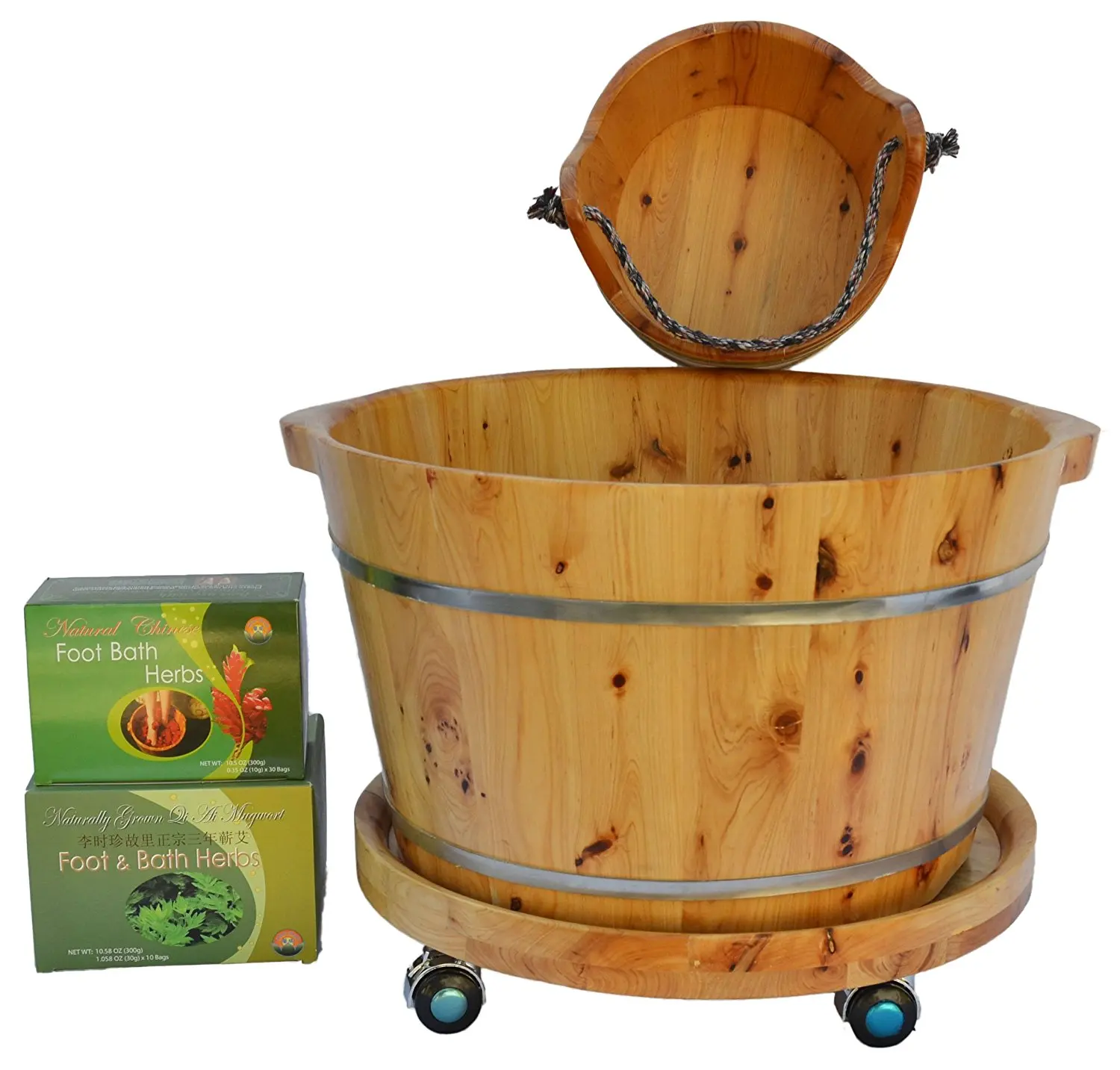 Shine New Arrivals Foot Soak Spa Bundle - 5 items: Cedar Wood Foot Soak Tub, Small Cedar Wood Bucket, Cedar Wood Tub Wheels, Chinese Foot Soak Herbs, Mugwort Bath Herbs