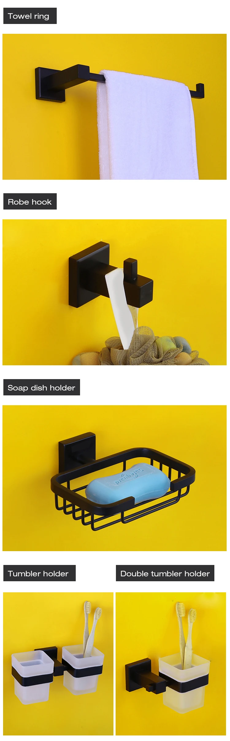 Luxury Wall Mounted Matt Black Bathroom Accessories Set Double Towel