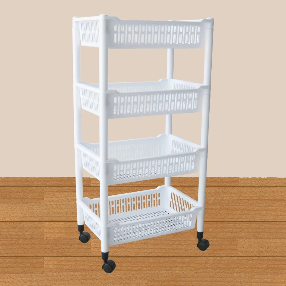 Plastic Trolley Basket With Wheels 4 Tiers In White Buy Plastic