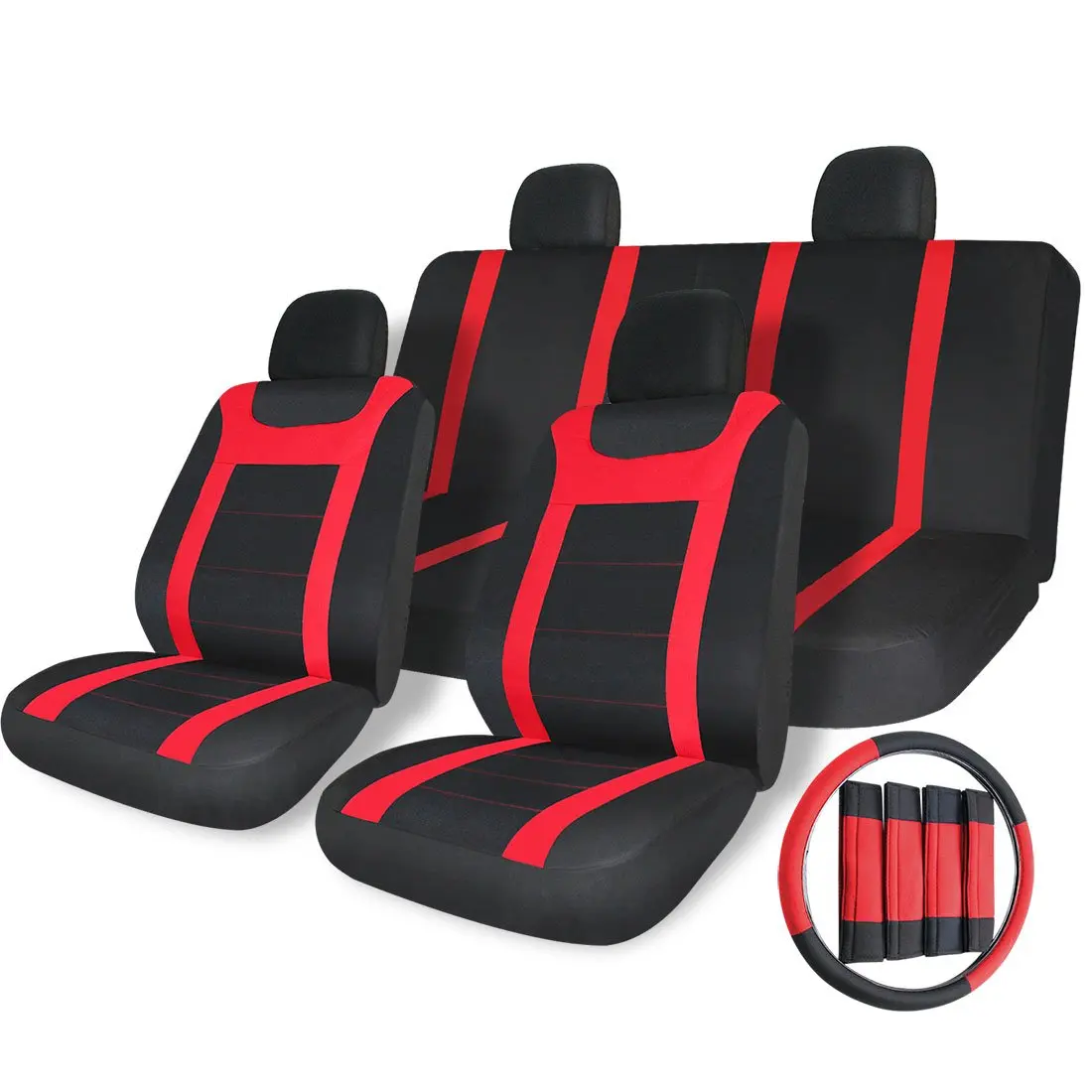 Copap 17pcs Car Truck SUV Seat Covers Universal Full Set Steering Wheel Cover Mesh Fabric Front Airbag Compatible Black/Red Fit Most Car Truck Suv Van