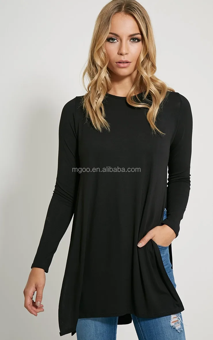 custom logo design plain black women long sleeve split side top