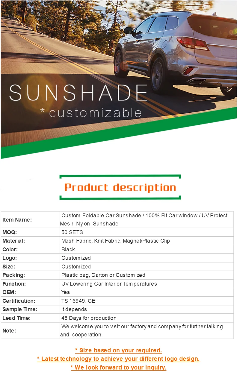 Customized Foldable Sunshade for Car / 100% Fit Car window / UV 80%Protect Mesh Nylon Car Sun shade
