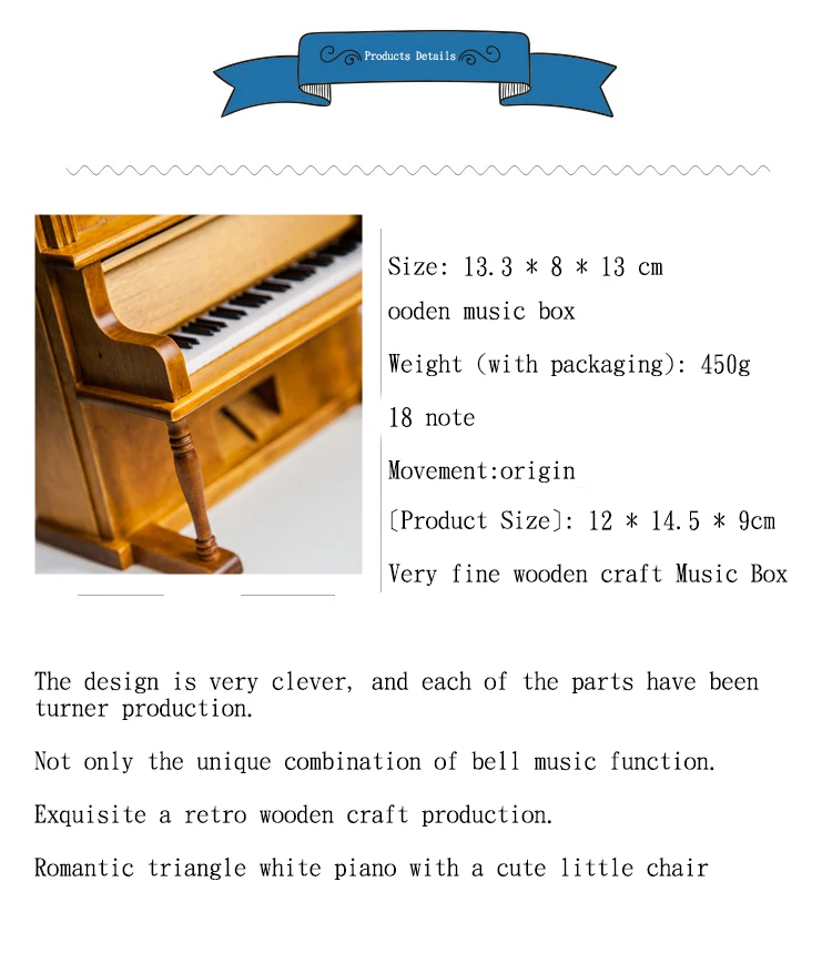 Wooden Square Piano Shape Hand Cranked Music Box Wholesale Gifts For