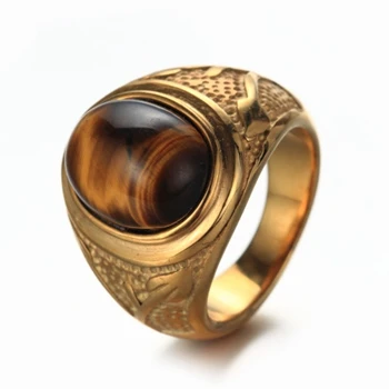 Steel Vintage Gold Oval Patterned Ring ​Band Men's Ring Tiger Eye Stone