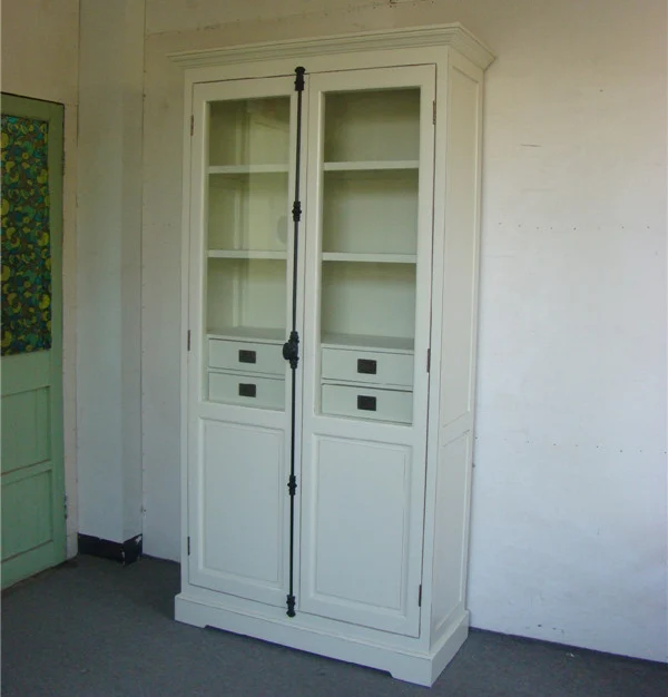French Provincial Shabby Chic Oak Wooden Bookcase With Sliding Glass