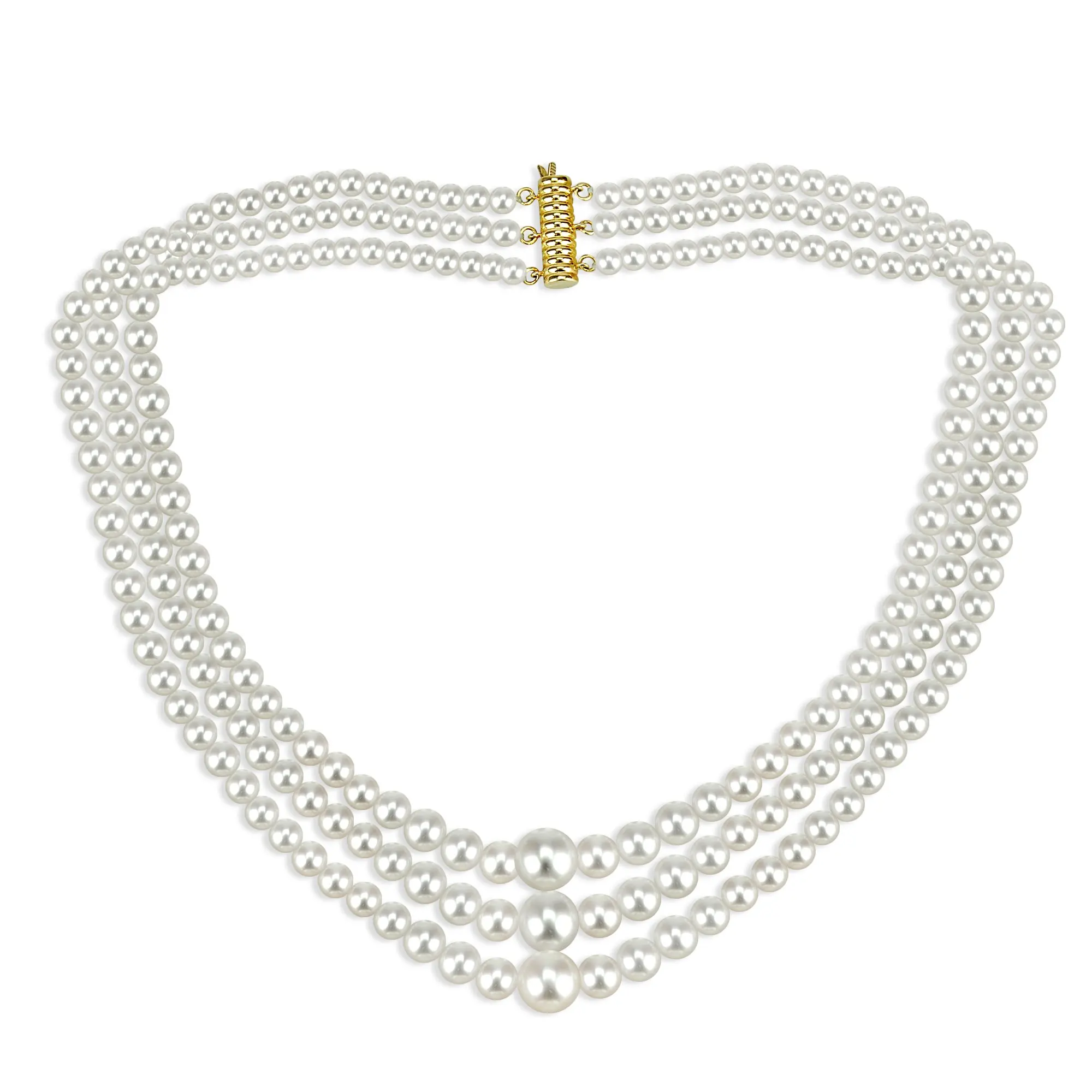 14k Yellow Gold Graduated 4-10mm White Freshwater Cultured High Luster Pearl 3-rows Necklace, 16"