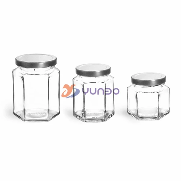 Glass Jars, Clear Glass Hexagon Jars With Silver Metal Lug Caps.jpg