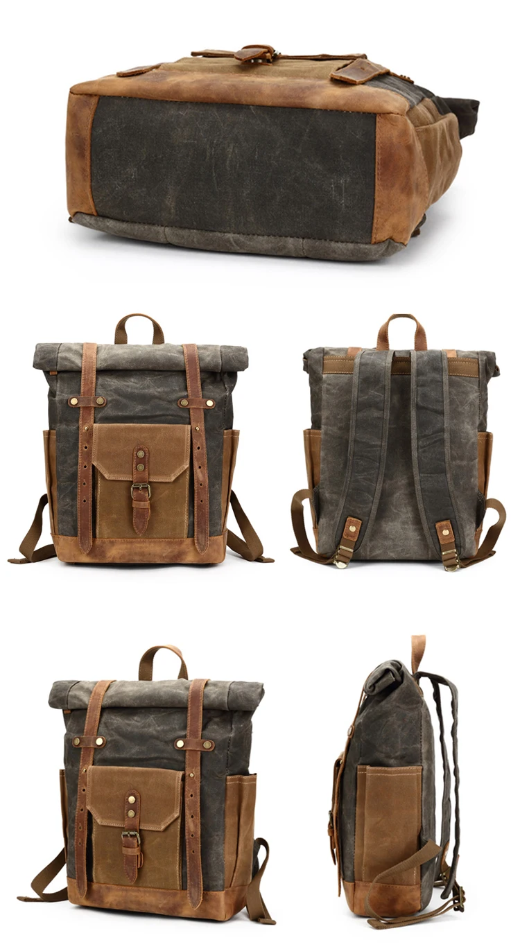 Vintage retro teenager daily brand high quality waxed canvas leather rucksack backpack bag water proof