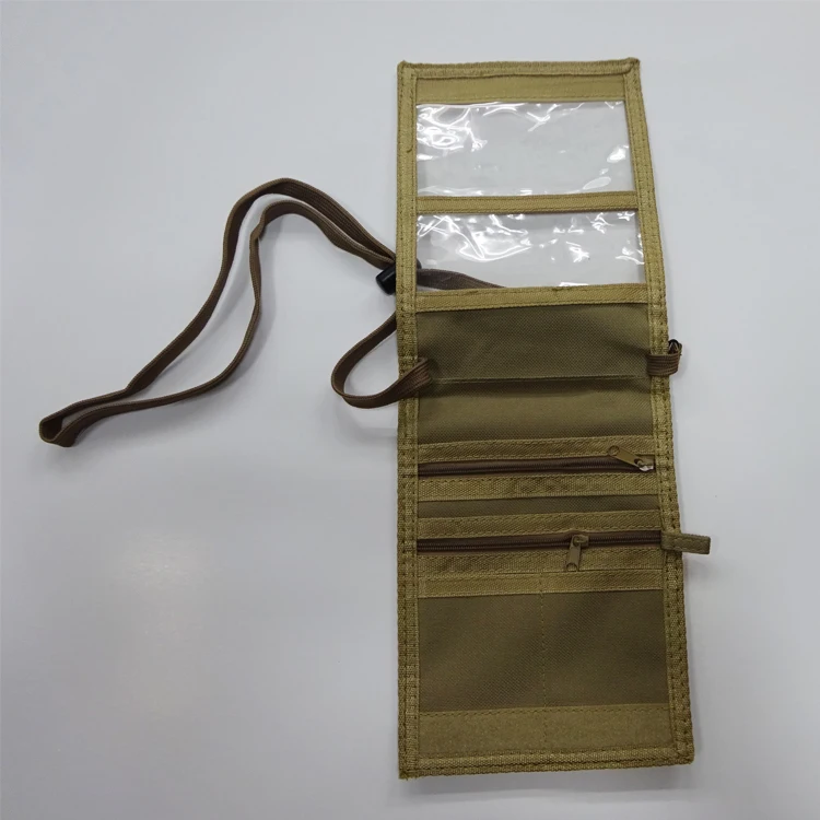 Double Zip 600D Nylon Olive Badge Holder Neck Wallet With Neck Cord