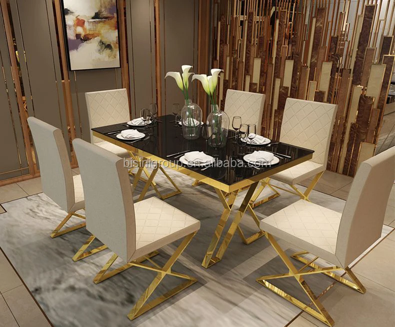 Mesa De Comedor Larga Rectangular,Clásica,Chapada En Oro,Moderna,De