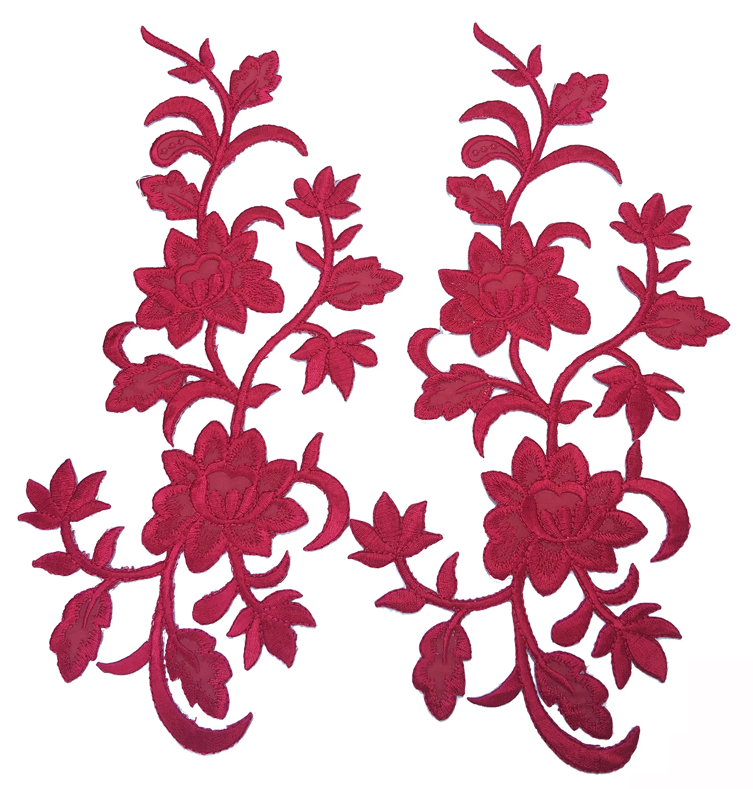 Two Big Flower Iron on Embroidered Appliques Patch Embroidered Lace Fabric Ribbon Trim Neckline Collar (Red)