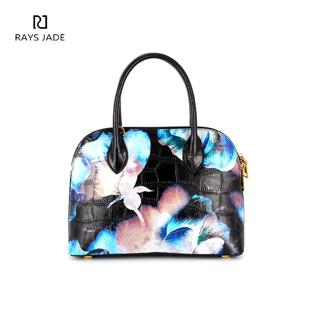 flower print black leather top handle bags women handbag