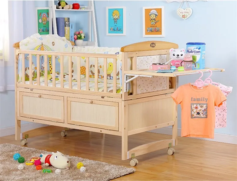 Pine Solid Wood Baby Furniture Two Gears Adjusted Wooden Baby Cot With