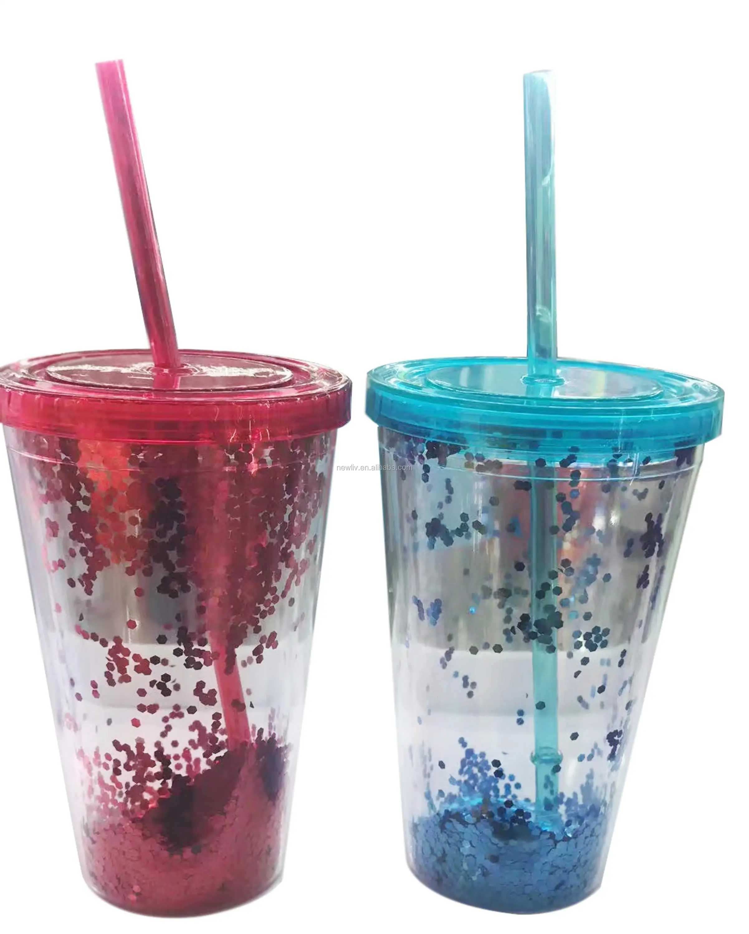 Plastic Double Wall Insert Glitter Tumbler With Domed Lid And Straw
